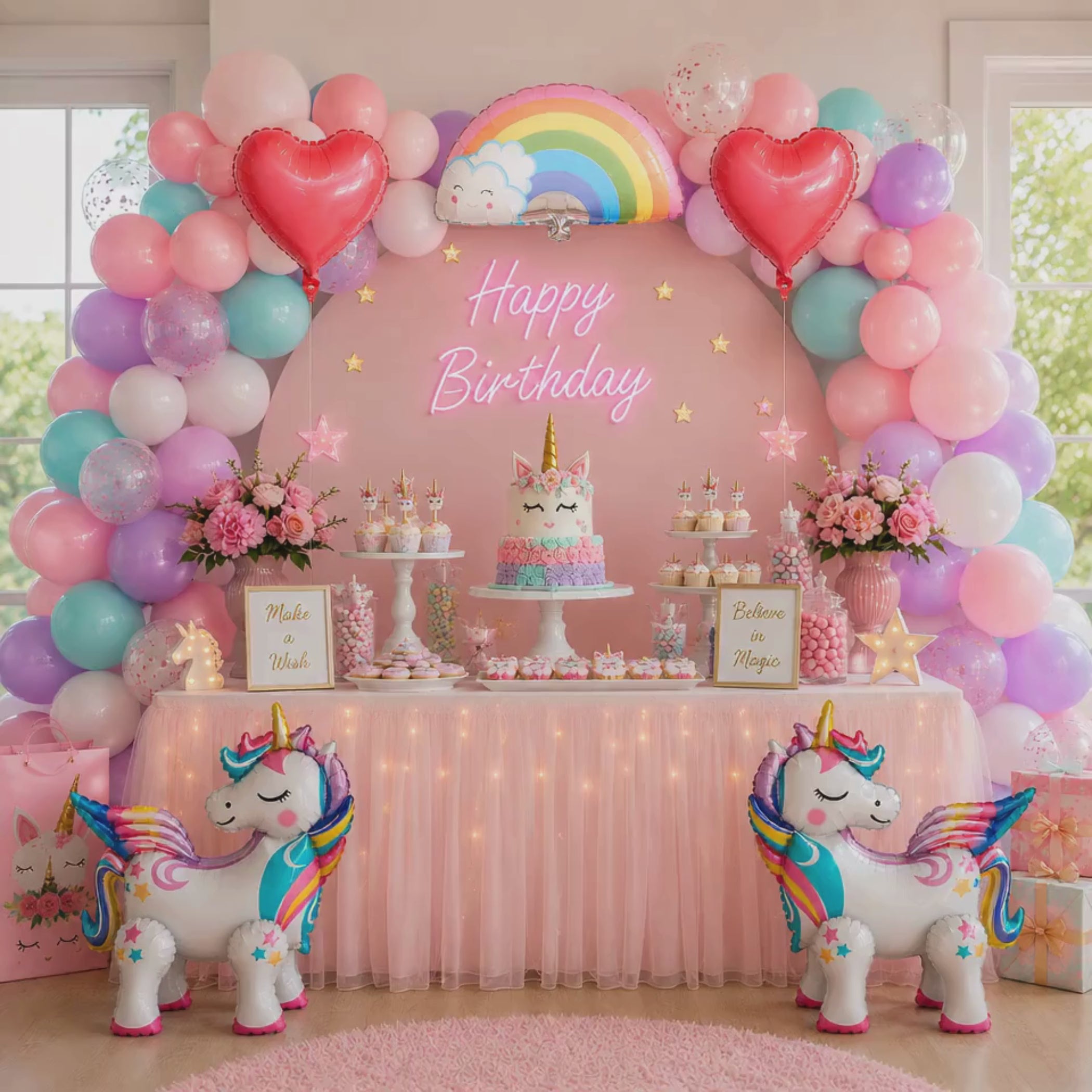Standing Unicorn Balloons with Rainbow and Heart Balloons Set of 5